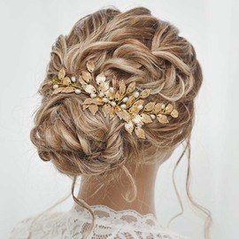 Gorais Leaf Bride Wedding Hair Comb Gold Bridal Hair Pieces Pearl Headpiece Hair Accessories for Women and Girls