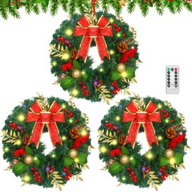 Baquler 3Pcs Christmas Wreath 14 Inch LED Prelit Artificial Christmas Wreaths for Front Door 60 Lights Timer Battery Operated with Red Berries Bow Pine Cones Cypress Leaves Ball Glitter Xmas Decor