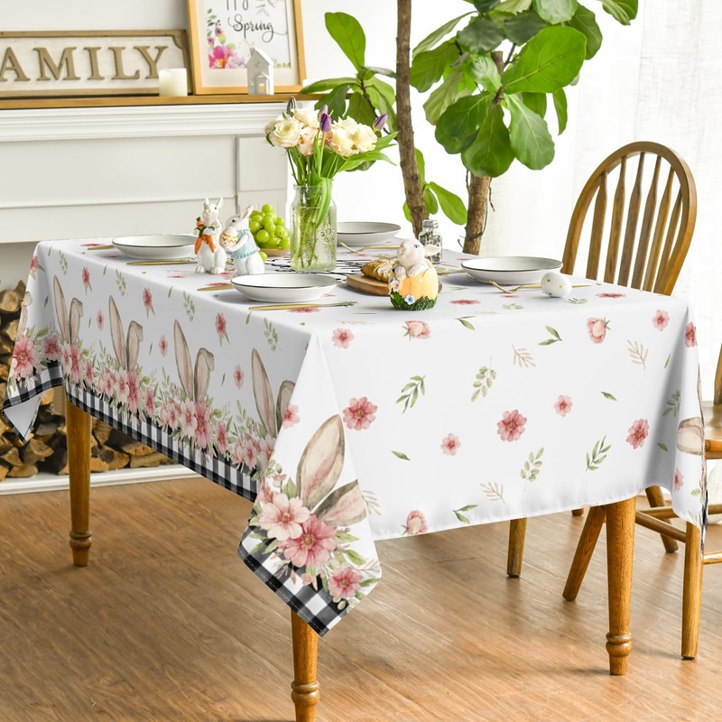 Horaldaily Easter Tablecloth 60x120 Inch Rectangular, Spring Flower Buffalo Plaid