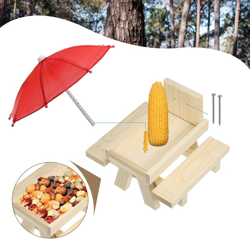 PATIKIL Squirrel Feeder Picnic Table with Red Umbrella 7x8x11inch, Wooden