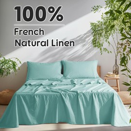 SONORO KATE 100% French Pure Linen Sheets, Breathable and Durable Line King Size Sheets, Anti-Tear Line Bed Sheets, Machine Washable, 16 Inch Deep Pocket - 4 Piece (Aqua, King)
