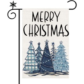Heirloom Haven Merry Christmas Garden Flag12x18 Inch,Blue Xmas Trees Double Sided Burlap Winter Christmas Outdoor Yard Flag for Outside Garden Decoration