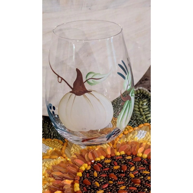 Unbranded Fall Harvest White Green PUMPKINS Hand Painted Stemless Wine