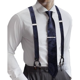 Barry.Wang - Juego de tirantes para hombre con corbata elástica tipo Y, resistente, 6 clips, regalo de diseñador, Blue Black Paisley a, Talla única
