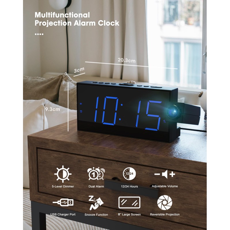 Projection Alarm Clock, Digital Clock with USB Phone Charging,180°Projector Clock,5-Level