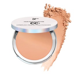 IT Cosmetics CC+ Airbrush Perfecting Powder Foundation - Buildable Full Coverage Of Pores & Dark Spots - Hydrating Face Makeup with Hydrolyzed Collagen & Niacinamide - Tan - 0.33 Oz