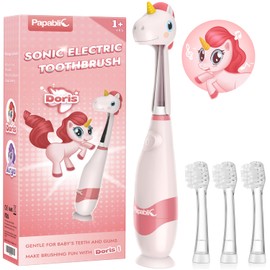 Papablic Toddler Sonic Electric Toothbrush Kids for Ages 1-3 Years, Baby Electric Toothbrush with Cute Unicorn Cover and Smart LED Timer, 4 Brush Heads (Doris)