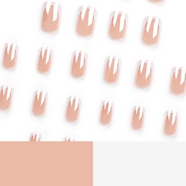French Tip Press on Nails Medium Short Square False Fake Nails Simple with Nude White Design Full Cove Thick Glossy Acrylic Glue on Nails Stick on Nail for Women 24Pcs JP2812