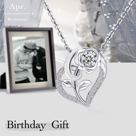 Qings April Moissanite Birthstone Necklace for Women 925 Sterling Silver Rose Flower Heart Solitaire Pendant Necklaces with Cubic Zirconia Mother's Day Birthstones Jewellery Gift for Wife Mother Mum