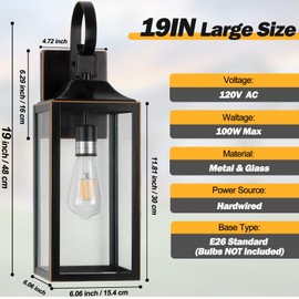 Yolsunes 19" Large Outdoor Wall Light Fixtures, 2 Pack Black Exterior Light Fixtures Wall Sconces Porch Lights Outdoor, Waterproof Outdoor Lighting for House Garage Entryway-with Gold Trim