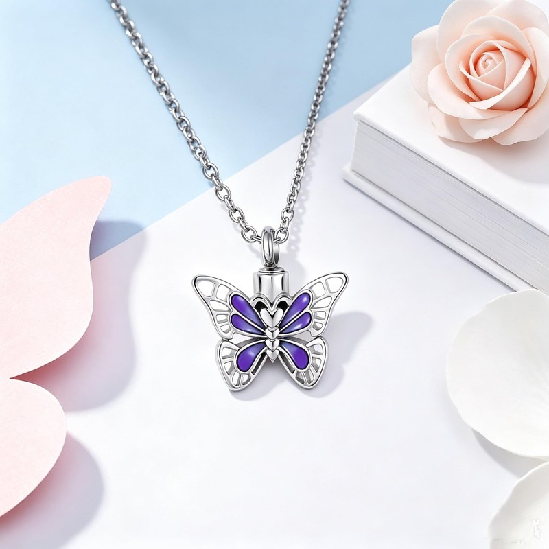 NanMuc Purple Butterfly Urn Necklace for Ashes Insect Cremation Keepsake