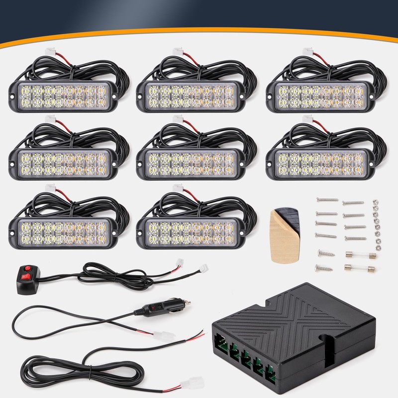 V-SEK Amber White LED Strobe Lights Kit - 8PCS 16-LED