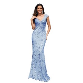 Womens Sequined Long Evening Gown Glamous Sleeveless V-Neck Mermaid Prom Dress for Wedding Party Club Occasions Light Blue XXL