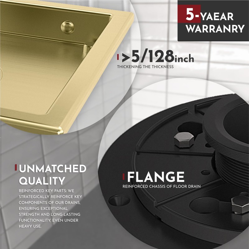WEBANG 4 Inch Square Shower Drain Gold Floor Drain with