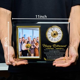 Retirement Gift for Woman, Retirement Gifts for Men Women, Glass Retirement Clock Picture Frame Plaque, Happy Retirement Keepsake for Coworker Boss Teacher Nurse Doctor, Farewell Going Away Gift