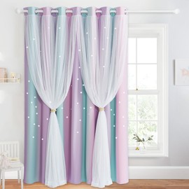 NICETOWN Sliding Glass Door Curtains, Extra Wide Patio Window Covering Kids Blackout Curtains for Nursery Grommet Star Hollow-Out Curtains for Nursery, W100 x L84, Blue & Purple & Pink, 1 Piece