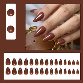 30 Pcs Spring Press on Nails Extra Short Almond - LINMEIZAI Short French Tip Fake Nails Press ons Nail Tips Glue on Nails Full Cover Acrylic Nail Kit False Nail Reddish Brown Nail Art Design for Women