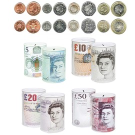 2 x £10 Sterling Bank Note MONEY TIN -Piggy Bank, Coin Tin, Cash Tin, Savings Tin, Money Box, Birthday Money, Holiday & Christmas Fund (Set of 2 £10)