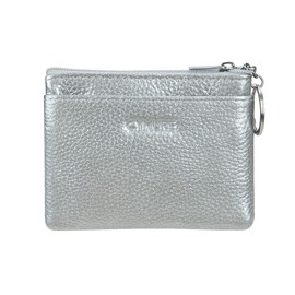 Women's Genuine Leather Coin Purse Mini Pouch Change Wallet with Keychain, Silver