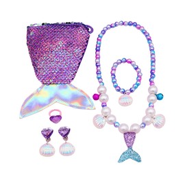 A New Set Kids Jewelry Set Necklace Set Cute Cartoon Sequin Mermaid Handbag Necklace Earrings Bracelet Ring Gift for Girls