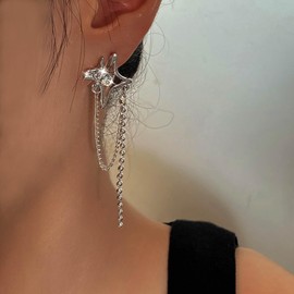 Atentuyi Boho North Star Earrings Silver Chain Earrings Long Drop Dangle Earrings Tiny Beaded Tassel Earrings Small Cz Stud Earrings Jewelry for Women and Girls