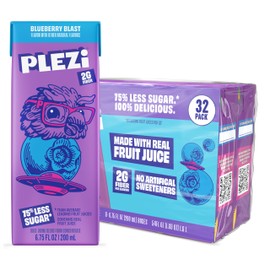 PLEZi Fruit Juice Boxes For Kids, Blueberry Blast – Low Sugar Drinks with Dietary Fiber, Healthy Vitamin C, and Potassium Electrolytes – 6.75 Fl Oz (Pack of 32)