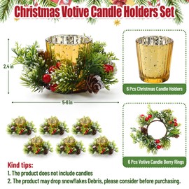 Redbaker 6 Sets Christmas Candle Rings Wreath Artificial Red Berry Snowy Pinecone Garland Wreaths Decorative Christmas Candle Ring Holders for Xmas Holiday Wedding Home Table Centerpiece(Gold)