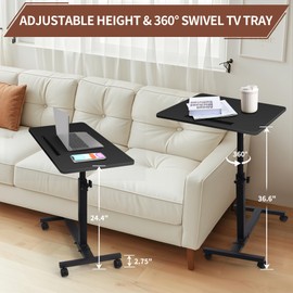 FASNAHOK TV Tray Table for Couch, 360° Swivel Height Adjustable End Table for Small Spaces, Snack Side Table for Bed or Chair with Phone & Tablet Slot (Black,22.8" L x 13.7" W)