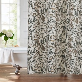 MUGINYU Vintage Floral Linen Shower Curtain, Antique Flower Block Print, Neutral Brown Traditional Boho Farmhouse Bath Decor, 72" W x 72" L