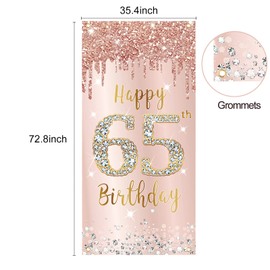 65th Birthday Decorations Door Banner for Women, Pink Rose Gold Happy 65 Birthday Backdrop Party Supplies, 65 Year Old Birthday Poster Door Cover Sign Decor