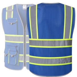 JKSafety 10 Pockets Hi-Vis Neon Color Frontal Zipper Mesh Safety Vest for Men Women Safety Utility for works Comply to ANSI/ISEA Standards (86-Blue M)