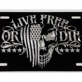 Diamond Etched Products US Flag LIVE FREE OR DIE Skull Patriotic Car Tag Diamond Etched License Plate