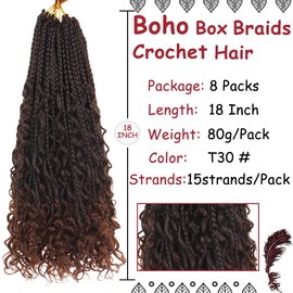 Beverlee 18 Inch 8 Packs Boho Box Braids Goddess Box Braids Crochet Hair Bohemian Hippie Braids Braiding Hair Box Braids with Curly Ends Messy Pre-looped Synthetic Crochet Hair for Women T30#