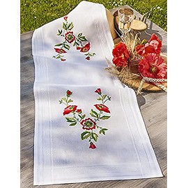 KAMACA Poppy Flowers Embroidery Kit, 80 x 80 cm Cotton Table Runner, Magic Stem Stitch, Satin Stitch, for DIY Embroidery