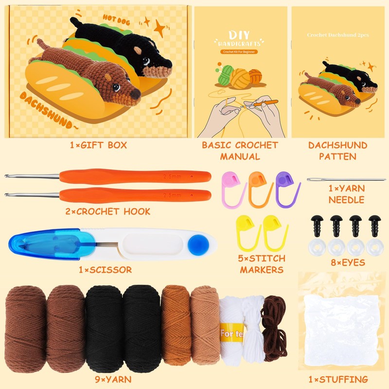 Crochet Kit for Beginners - 2 PCS Dachshund Crochet Kits