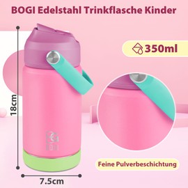 BOGI Children's Stainless Steel Water Bottle with Straw, Thermos Flask 350 ml BPA Free Leak-Proof Thermal Water Bottle for School-MPink 350 ml