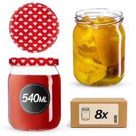 Kadax Set of 8 Preserving Jars, 540 ml, TO82 Heart, Mason Jar with Screw Lid, Airtight Twist-Off Jars, Meal Prep, Overnight Oats, Sourdough