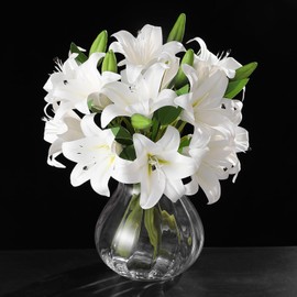 Tifuly 6 PCS Artificial Lilies,15'' Single Long Stem Artificial Flowers with 12 Heads 12 Buds,Faux Plastic Lily,Fake lillies for Home Decoration Garden Office Wedding Party Flower Arrangment(White)