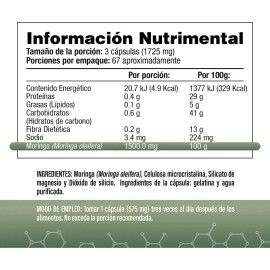 Moringa Oleifera 1500mg por Porcin (3 Cpsulas al da) - 200 Cpsulas de Fcil Absorcin - 100 Natural - SV - Sin Gluten y Sin OMG                         