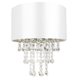 Modern and Eye-Catching White Satin Fabric Pendant Light Shade with Hanging Transparent Acrylic Droplets | 30cm Diameter by Happy Homewares