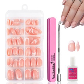 French Press On Nails Short - 120Pcs Oval Almond False Nails with Glue - White Tip Nude Full Cover Fake Nails Kit - Natural Manicure Set for Women Girls DIY Gift