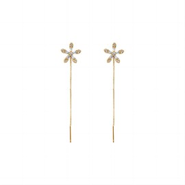 Shiny Crystal Threader Earrings for Women Little Flower Threader Dangle Drop Earrings Cubic Zirconia Crystal Daisy Flower Long Chain Tassel Ear Line for Women Jewelry Gifts-Gold