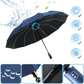 Windproof Umbrella Automatic Open and Close for Men and Women, Compact, 12 Bone Umbrella, Large, Diameter 105 cm, blue