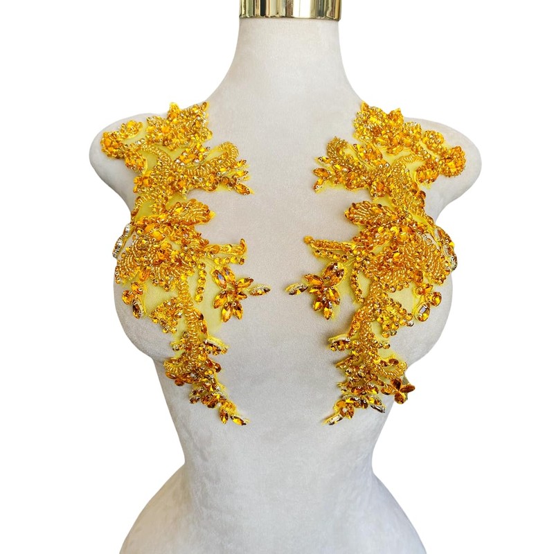 Handmade Rhinestones Bodice lace Applique handsewing Beads Sequins Trim Patches