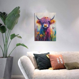 Highland Cow Canvas Wall Art Animal Painting Colorful Highland Cow Pictures Framed for Bathroom Bedroom Living Room Cows Modern Home Office Wall Decor 12"x16"