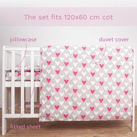 3 Piece Set Duvet Cover Pillowcase and Fitted Sheet for 120x60 cm Baby Cot Bed (Pink Hearts)