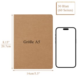 ZCZN Notebook A5 Squared, Pack of 12 Kraft Cover Notebook with 30 Sheets, Notebook for Office and School
