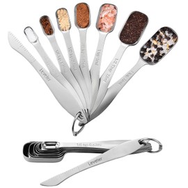 18/8 Heavy Duty Stainless Steel Metal Measuring Spoons Set for Dry or Liquid, Fits in Spice Jar, for Kitchen Baking Cooking, Set of 8 Including Leveler