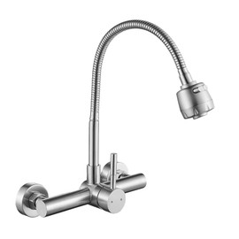 ZHYICH Wall Mount Kitchen Sink Faucet 8 Inch Center with Flexible Sprayer,Stainless Steel Mixer Tap with Dual Function Sprayer,Nickel Brushed Unility Sink Faucet,Lead-Free, NSF