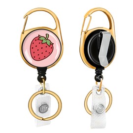 Heavy Duty Golden Retractable ID Badge Reel with 360 Swivel Clip & Keychain - Durable Nylon Rope, Cute Badge Holder for Nurse Doctor Teacher Student Ideal for Office Work(Cute Strawberry)